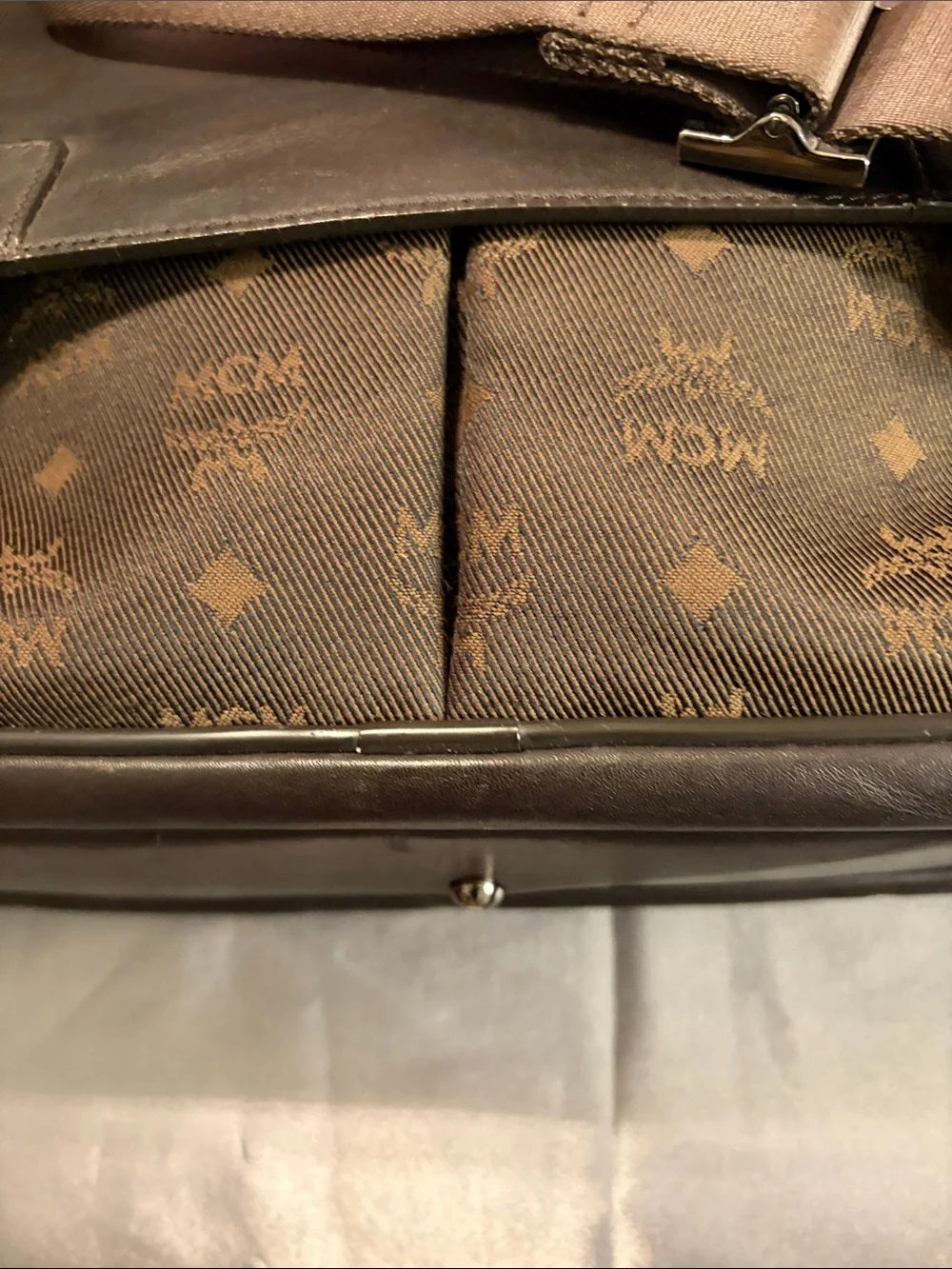 MCM Brown Leather Messenger Bag with Monogram Front Pockets